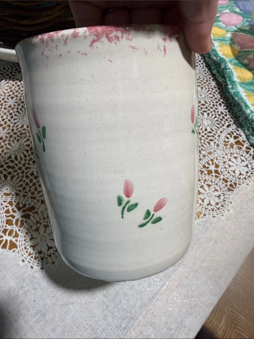 Vintage stoneware crock Utensil Holder cottagecore  Floral pink sponge-ware